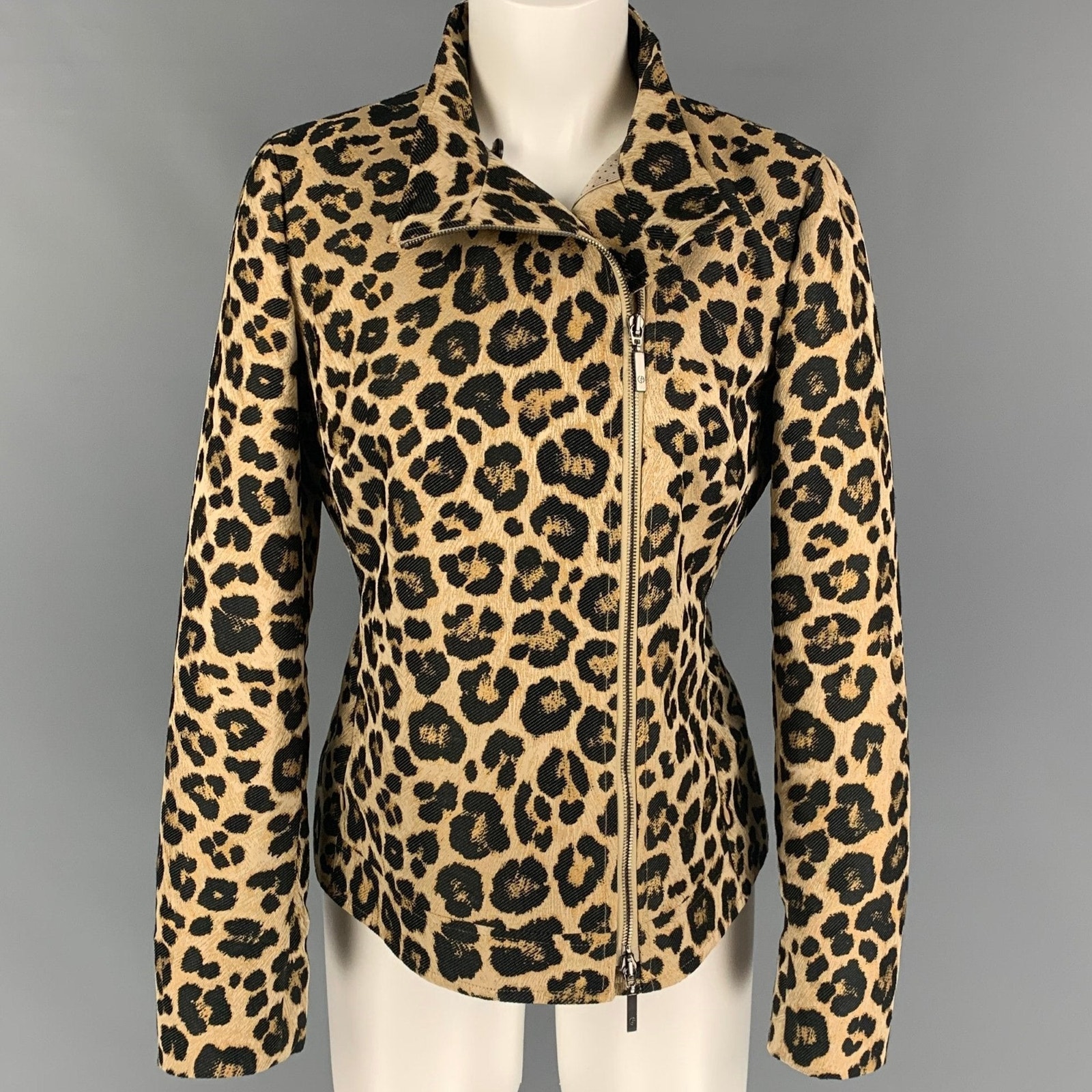 Giorgio Armani Size 6 Tan Black Polyester Animal Print Jacquard Zip Up Jacket